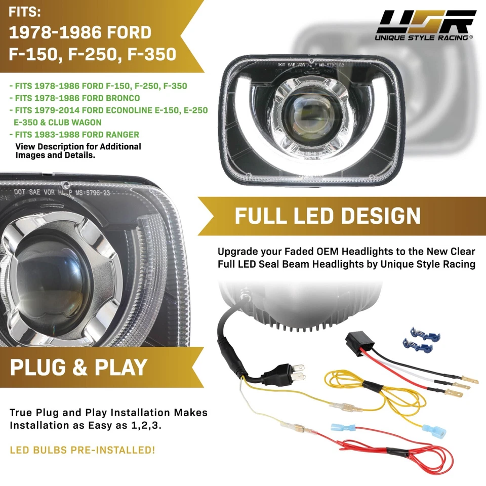 LED Projector U-Style Switchback 7x6,H6052,H6054 Sealed Beam FORD Headlights - Imagem 3 de 4