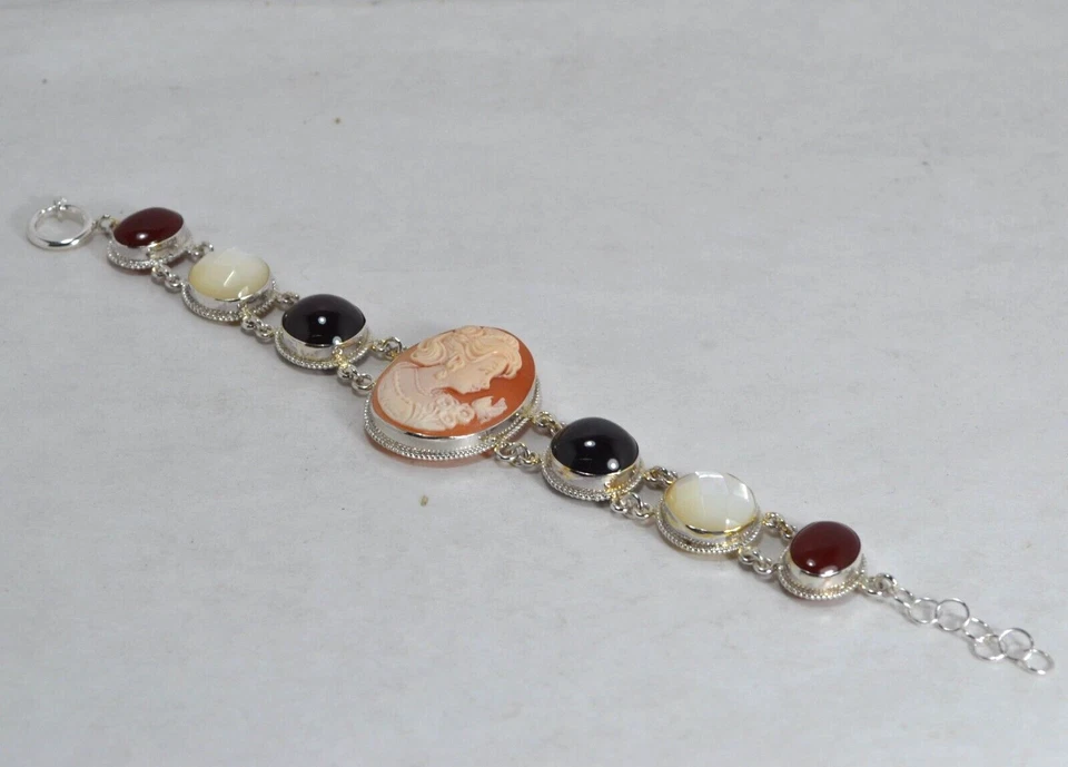 BRACCIALE  ARGENTO 925 NATURALE  CAMMEO CORNEOLA  VOLTO OVALE 30 mm    AGRP 0158 - Immagine 2 di 3