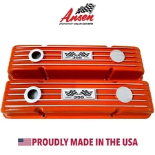 Small Block Chevy 355 Flag Logo Orange Valve Covers, Classic Finned - Ansen USA