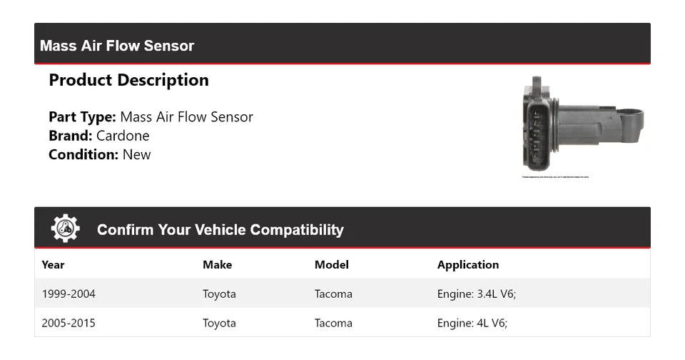 Sensor de flujo de aire masivo Cardone 2000 2001 2002 2003 para Toyota Tacoma 1999-2015 Foto 2 de 4