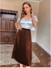 Coffee Brown Solid Pleated Skirt Sz XS S M L