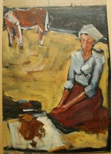 Ukrainian Soviet Oil Painting postimpressionism field lunch farm girl milk cow