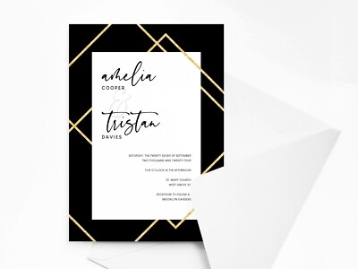 Personalisierte schwarz-goldene Hochzeitseinladungen mit Umschlägen