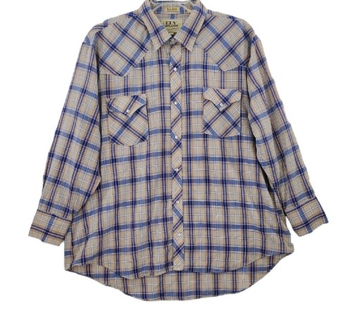 Vtg Ely Cattleman Shirt Men 19-35 Big Tall Long Sleeve Pearl Snap Beige Blue