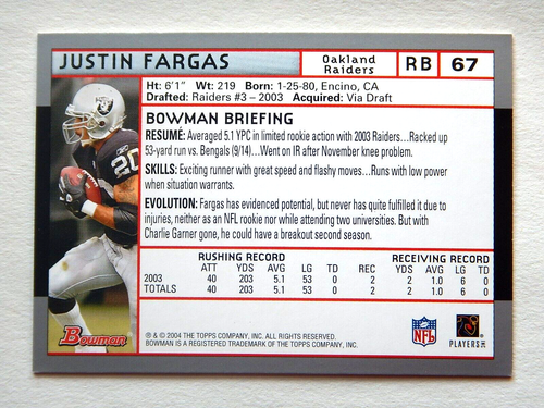 Justin Fargas #67 Bowman 2004 Football Karte (Oakland Raiders) NM - Bild 2 von 2