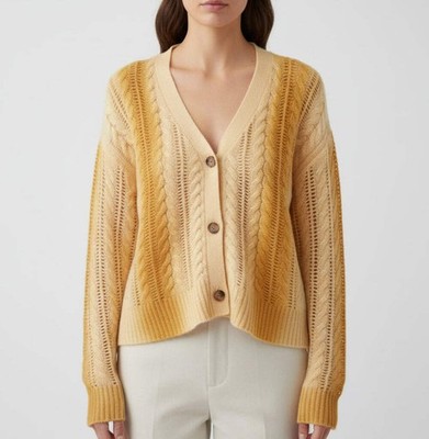 Naadam Lofty Cable Knit Cashmere Cardigan Womens L Yellow Ombre V-Neck