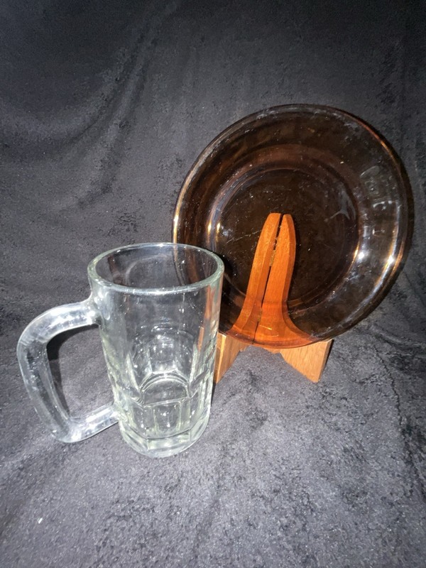Vintage Anchor Hocking Fire-King Amber 9” Pie Plate & Clear Glass Mug Lot USA