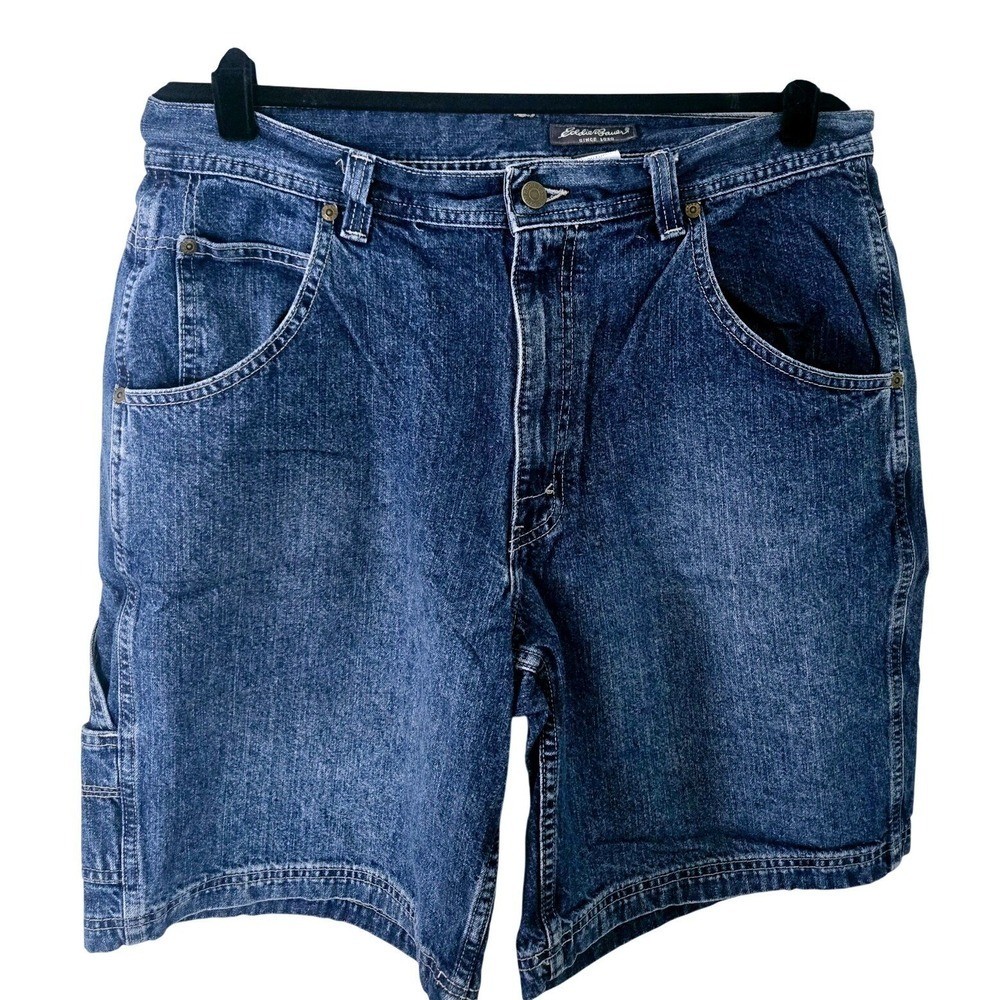 Eddie Bauer Mens Carpenter Shorts Dark Wash Blue Denim Utility Workwear Size 36