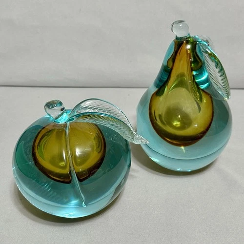 Murano Pear & Peach/ Apple Bookend Set Sommerso Glass Paperweight Alfred Barbini