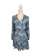 NWT CupshE Damask Print Mini Dress Small Blue Tag Boho Peasant Long Sleeve Flowy