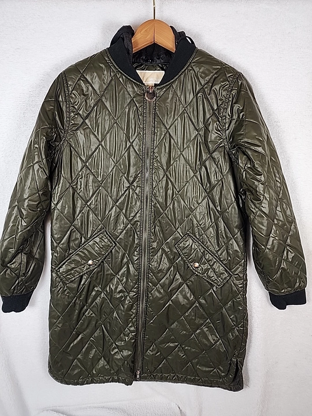 Michael Kors Jacket Packable Puffer Removeable Hoodie Size M Dark Green Full Zip