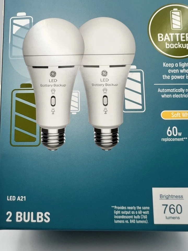 Lot of 2 GE LED Battery Backup~ SOFT WHITE~Emergency Bulb 60W A21 760 Lumens~NIB - Image 3 of 4