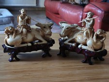 Paire Statuettes Buffles En Buis Sculpté Chine Asie Art Asiatique Déco 16cm