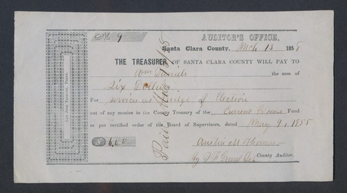 1858 Santa Clara County CA Auditor's Office Payment Warrant Judge of Election