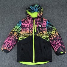 Hurley Neon Graphic Print Hooded Puffer Jacket Kids Small 8-10 Black Multi-Color