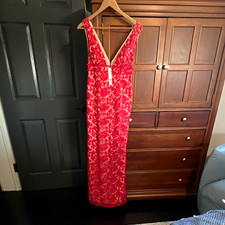 Gianni Bini Maxi Dress Red Size 2 V-Neck Sleeveless Lace Floral Zip Lined