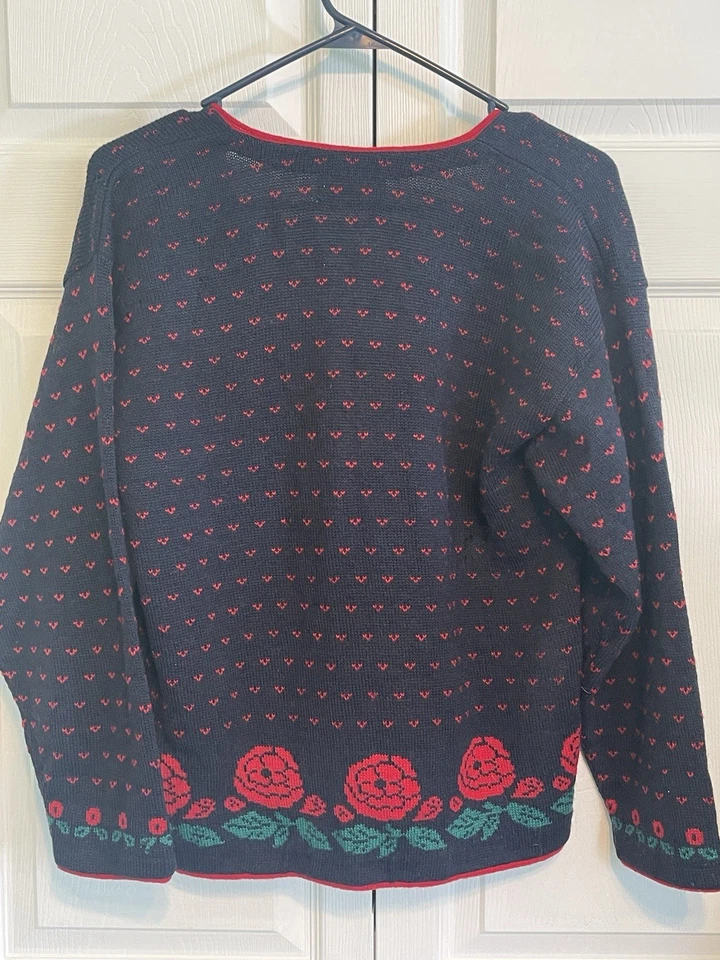 De Colección Pendleton Negro y Rojo Rosa Ojo de Pájaro Cárdigan Suéter Pequeño Hecho en EE. UU. Foto 3 de 4