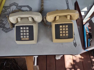 Pair Of Vintage Business Office Desk Phones Yellow & Cream For Parts Or Repair 