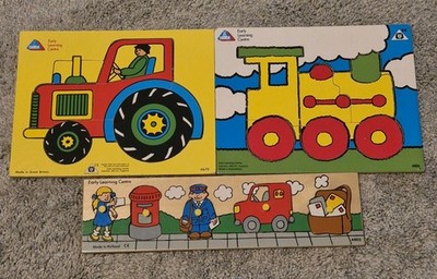 Vintage Frühförderzentrum Holztablett Puzzle vollständig. Zug Traktor Postbote