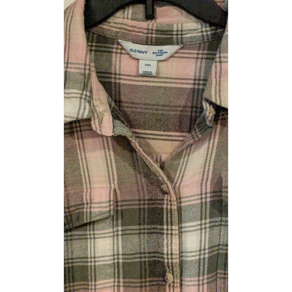 Old Navy Boyfriend Plaid Shirt Pink Green Gray XXL Cotton Long Sleeve Flannel - Image 2 of 4