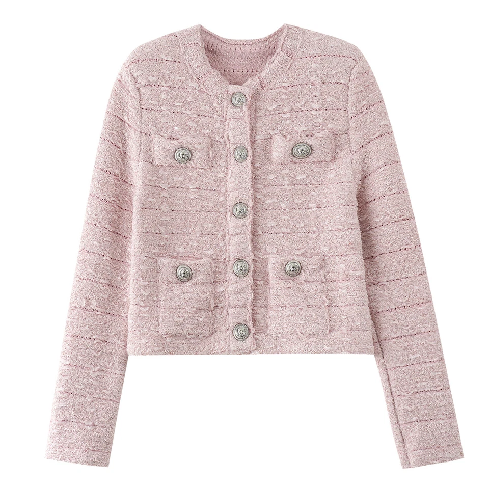 Chaqueta tejida manga larga VERONICA BEARD BRYNE para mujer tweed cuello redondo botón Foto 4 de 4