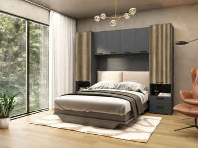 FURNITURE FACTOR Milano Dark Grey and Slated Oak Effect Overbed Storage Unit Bedroom Furniture
