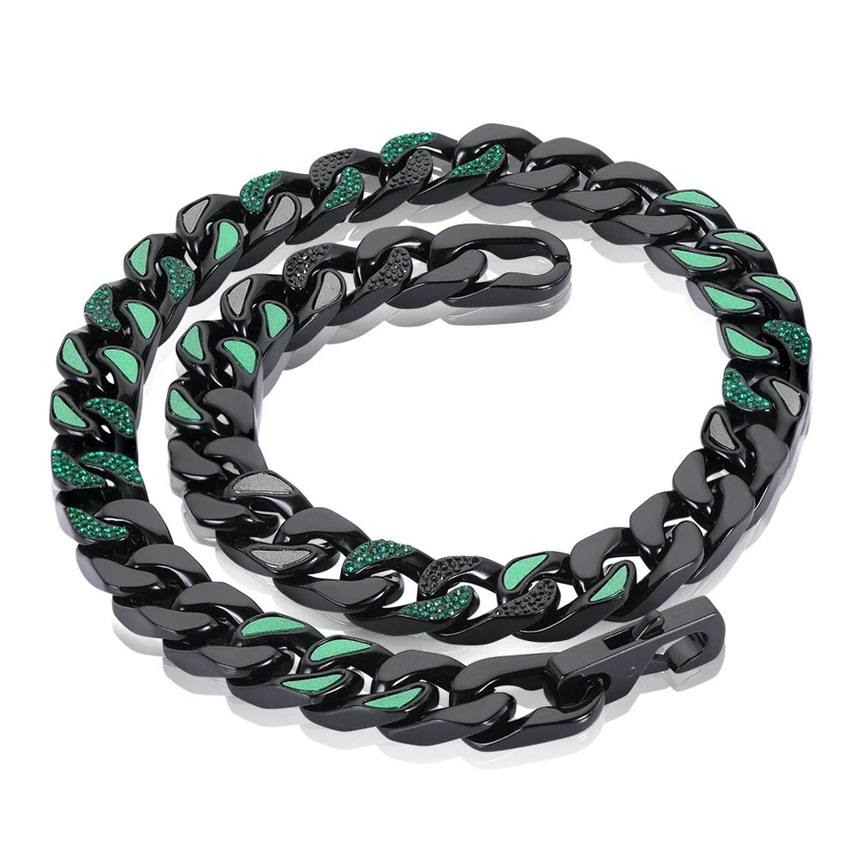 Hombres Hip Hop Negro Verde Goteo Aceite Acero Inoxidable Cadena Cubana Collar Joyería Foto 4 de 4