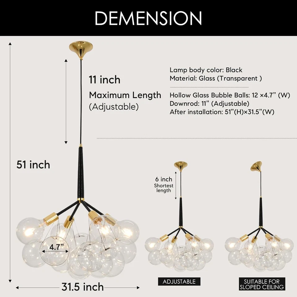 Lámpara de araña de vidrio burbuja transparente de 31" iluminación moderna racimo globo colgante iluminación Foto 4 de 4