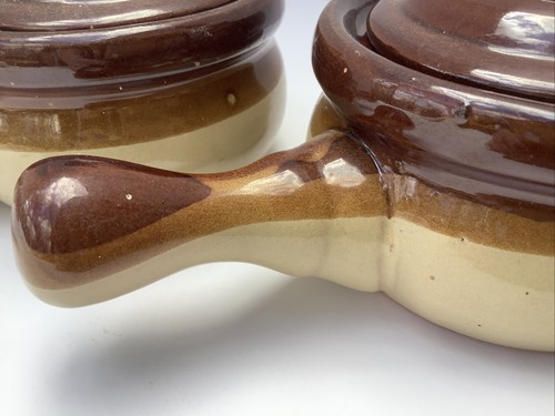 2 Vintage 60s Pottery Onion Soup Bean Pots With Lid Handle Brown Mid Century - Picture 11 of 11
