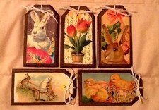 5 Handcrafted Wooden EASTER Ornaments/Spring HangTags BUNNY,TULIPS,CHICKS SET1q
