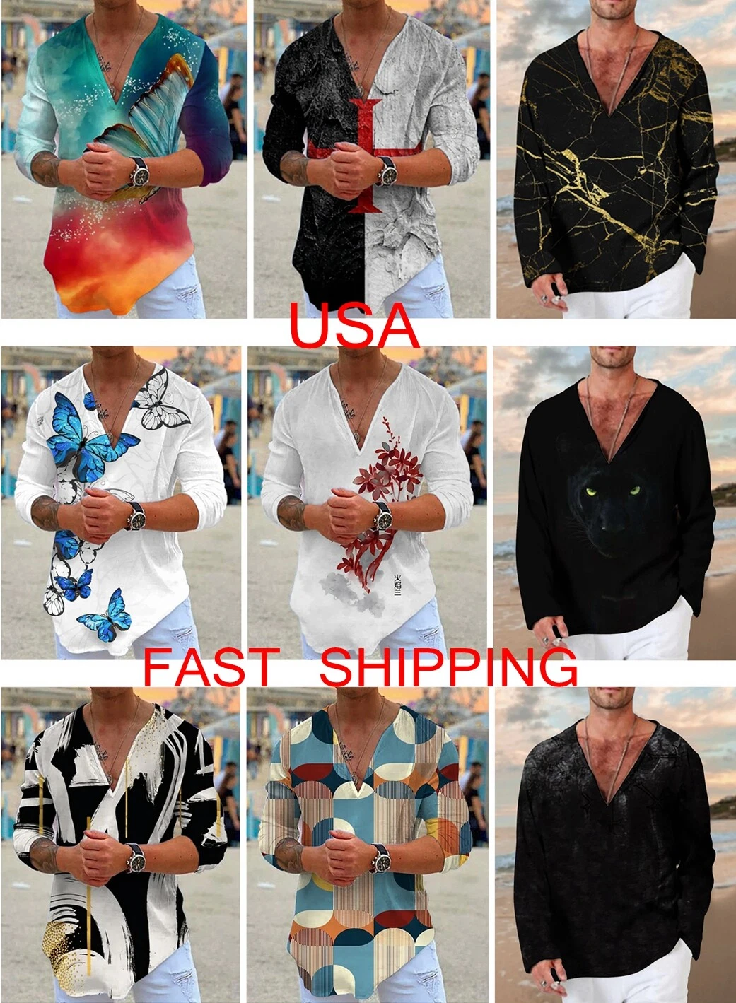 T Shirt Men Long Sleeve V Neck Hawaiian T-Shirt Colorful Fashion Dress Silky