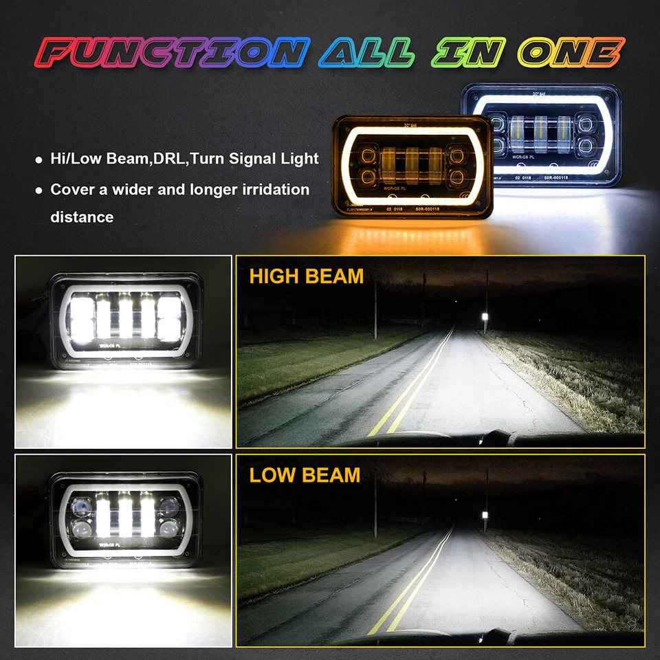 4PCS 4x6" RGB LED Headlights Hi/Lo Beam For Cadillac Fleetwood DeVille 1975-1986 - Image 4 of 4