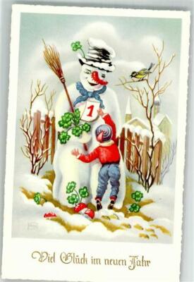 39866778 - Schneemann Kind Kalender Kleeblaetter Fliegenpilze Vogel sign. ISI