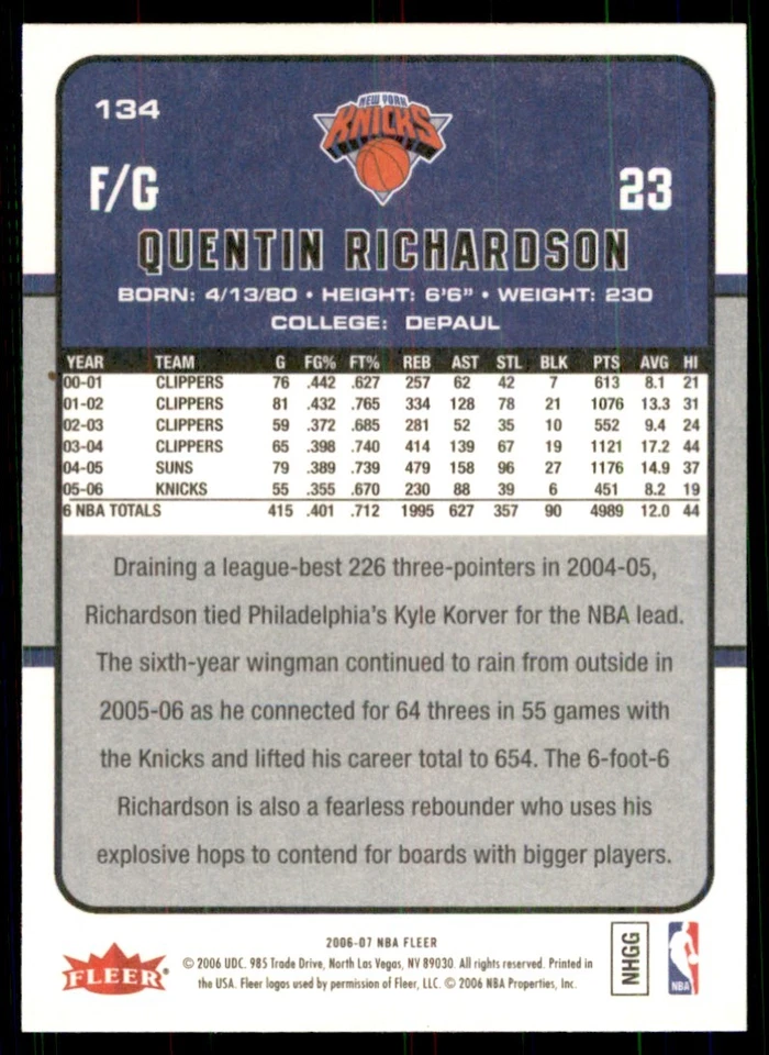 2006-07 Fleer Quentin Richardson New York Knicks #134 - Image 2 of 2