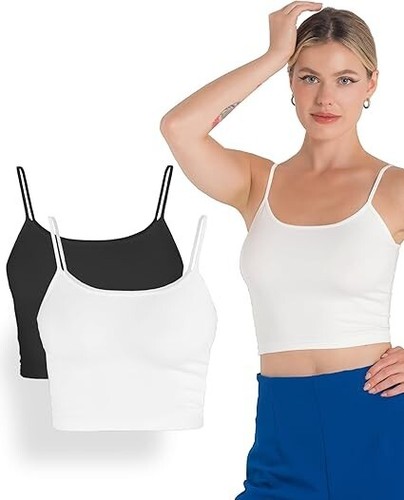 Women's 2 Pack Crop Tops - White & Black Spaghetti Strap Cropped Tanks - Picture 2 of 7
