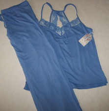 NWT In Bloom by Jonquil SOLID CORNFLOWER BLUE Slinky Knit Pajama Set XL LACE