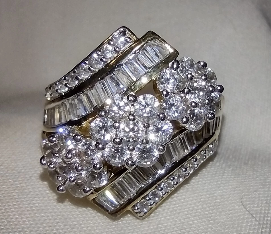 Round & Baguette CZ RING Sz 10 SJD YELLOW GOLD Wedding Engagement Cocktail Ring - Image 2 of 4