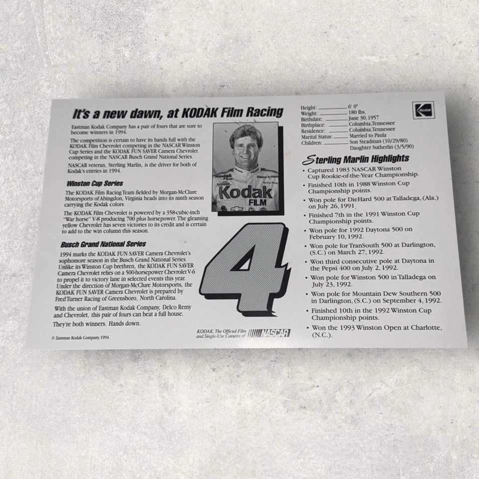 斯特林·马林老式/复古纳斯卡温斯顿杯签名5x7照片1994年柯达#4卢米纳 — 第 2/2 张图片