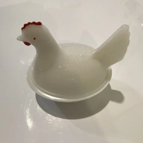 Vintage White Red Milk Glass Oval Covered Dish Hen-on-Nest Decorative
