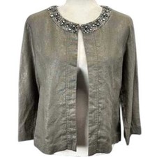 Chicos Metallic Silver 100 Linen Embellished Beaded Open Front Jacket Blazer 3