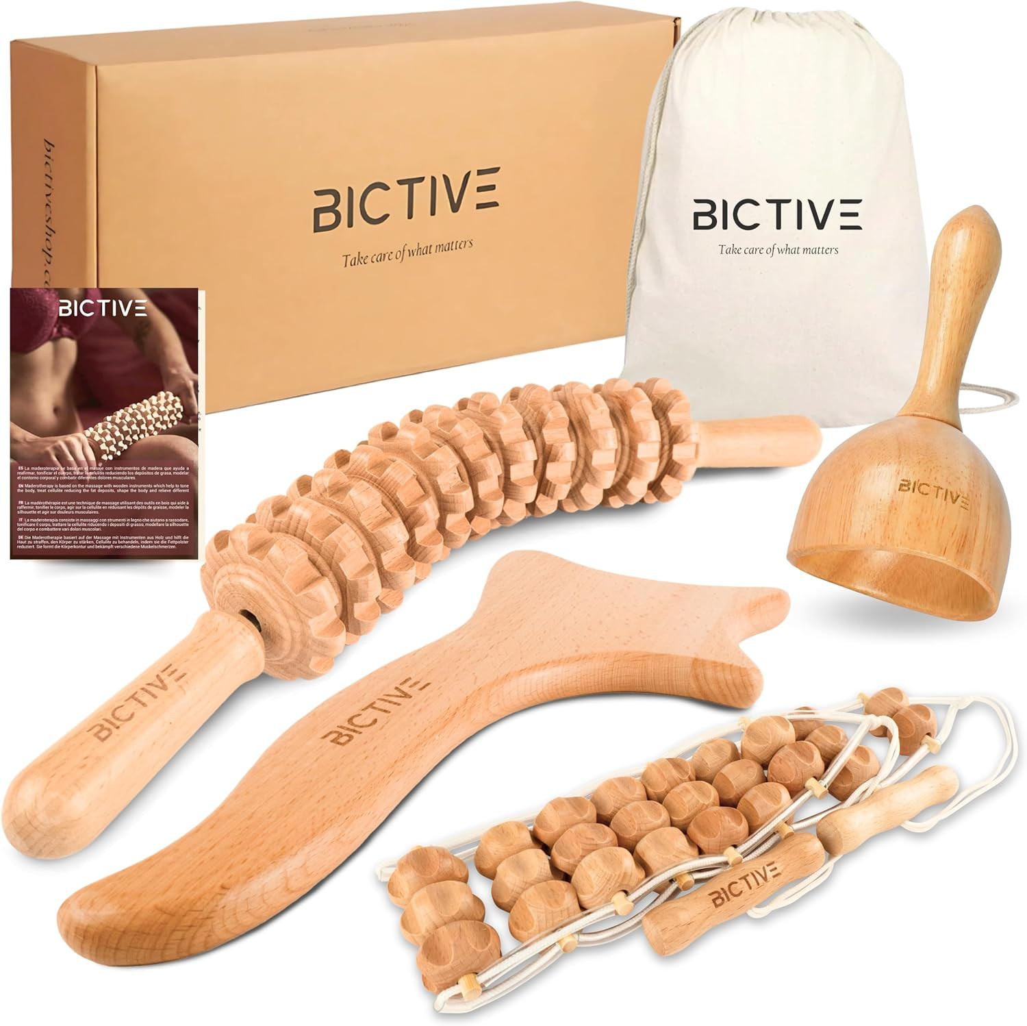 Kit Maderoterapia Legno 4 in 1. Massaggiatore Cellulite E Linfodrenaggio Gambe. 