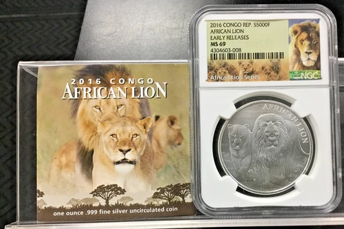 2016 Congo African Lion 1 oz .999 Silver Coin ~ NGC MS 69 E.R. COA w/LION LABEL