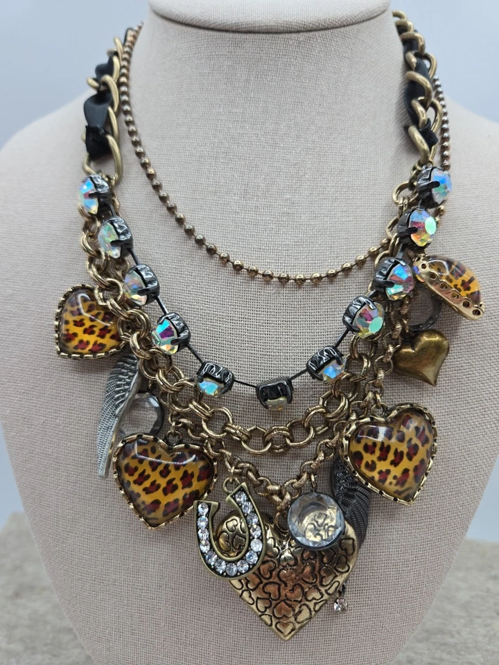 BETSEY JOHNSON Leopard Lucite Puffy Heart Crystal Multi Strand Charm Necklace  - Image 3 of 4