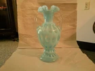 fenton blue opalescent coin dot handled vase / ewer 13"  ruffle rim XNICE HTF NR