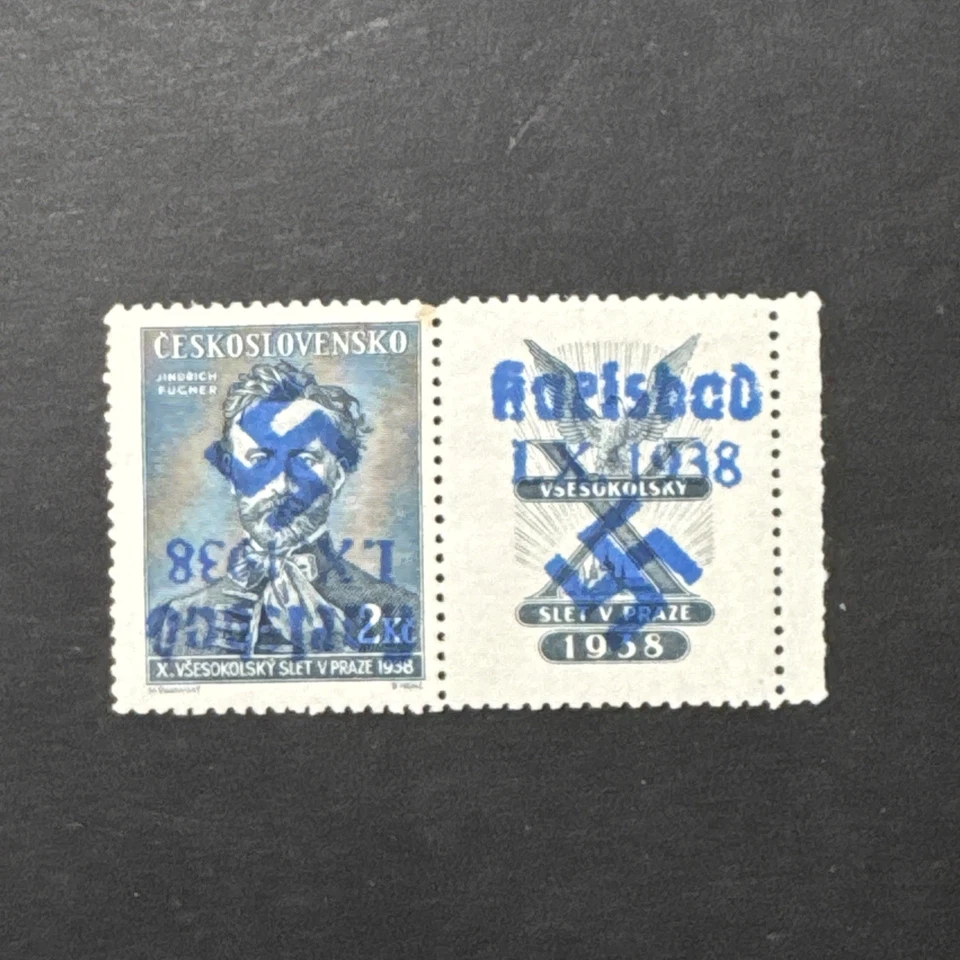 Sudetenland 1938 2 kcs raro MNH OG sobreimpreso Karlsbad sello de mano azul invertido Foto 2 de 4