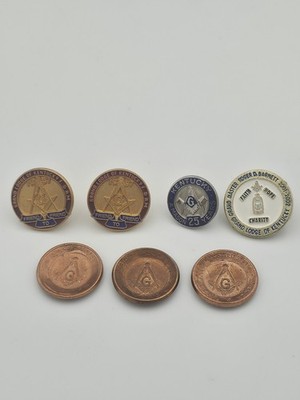 Masons Pins And Lodge Coins. 25years Freemasons Rare. Lot Of 7