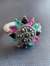 Vintage 925 Sterling Silver Ring Multi Gemstones Cocktail Flower Ring Size 8 US