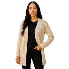 Time Tru Women  s Open Cardigan Size L Beige Crochet Long