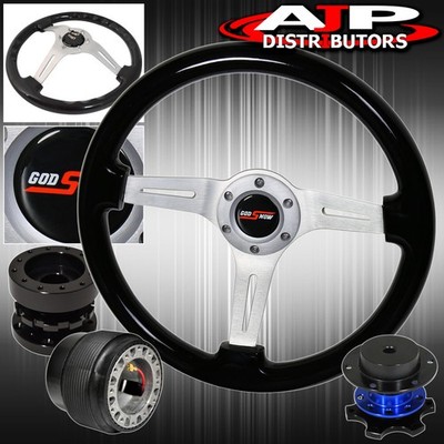 Quick Release For 89-05 Eclipse + Black Wood Deep Dish Steering Wheel + Extender