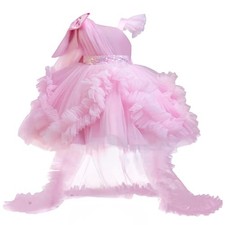 Toddler Baby Girls Pageant Formal Dress Ruffle 5-6 Years Train Dress-pink